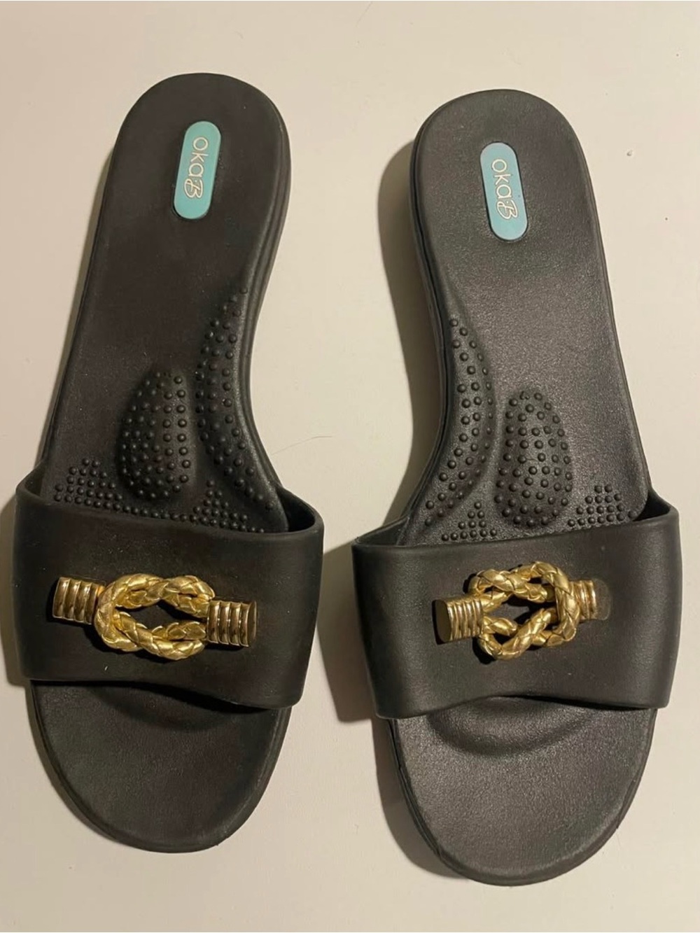 Oka B black Slide Sandals with Gold Rope Accent